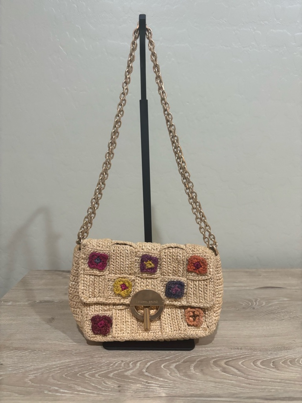 Vanessa Bruno Woven Raffia Crossbody Bag with Colorful Floral Accents